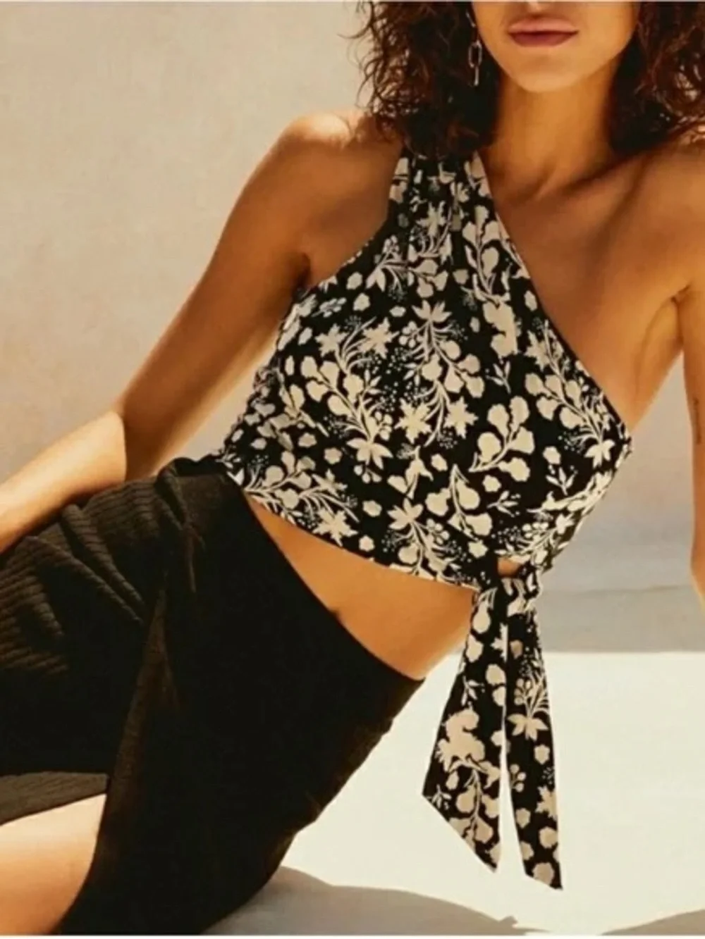 Free People Carmen Printed One-Shoulder Crop Top Black & Ivory Cream Floral S